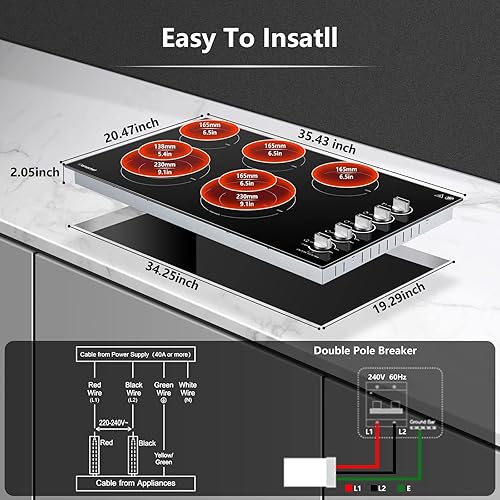 Miniatura 2 de AMZCHEF Estufa eléctrica de 8900 W de 36 pulgadas, estufa eléctrica integrada de 5 quemadores, estufa radiante de 36 pulgadas con control de