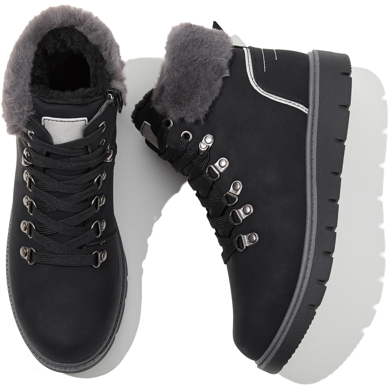 POVOGER Women’s Black Combat Boots Warm Fur Lined Winter Snow Boots for Women Lace Up Side Zipper Mid-Calf Fashion Booties(Black,08)