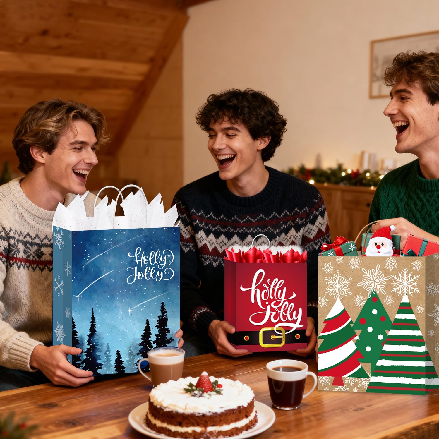 Nimbbex Confezione da 24 sacchetti di carta kraft per regali di Natale, con manici, dimensioni assortite, per feste di Natale, confezioni regalo di Natale (8 Jumbo, 8 grandi, 8 medi)