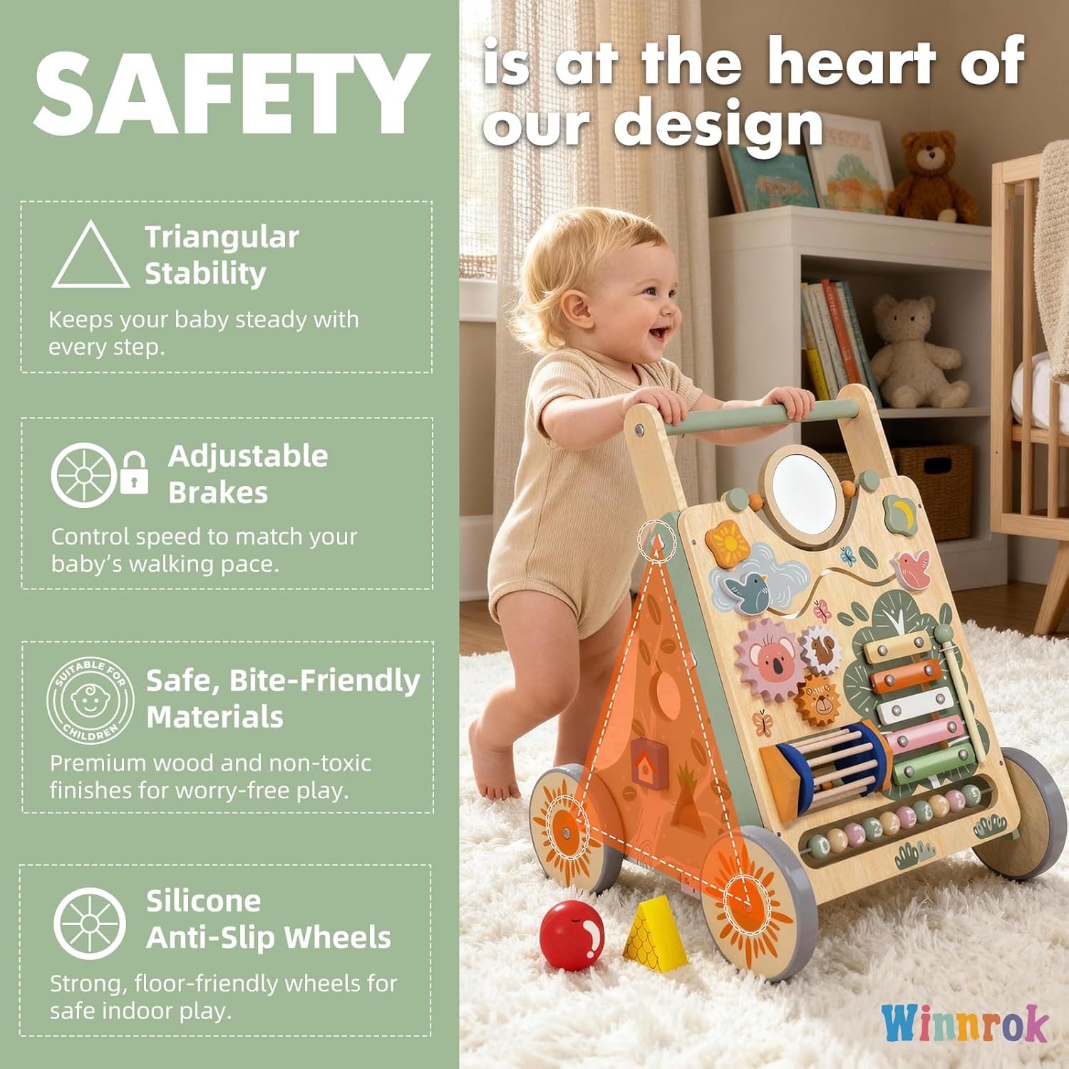 Wooden Baby Walker with Wheels, Speed & Height Adjustable, Baby Push Walker for 6-12 18 Months Boys Girls, Montessori Walker Easter Toy for 1 Year Old, Learning to Walk & Sit-to-Stand Activity Center