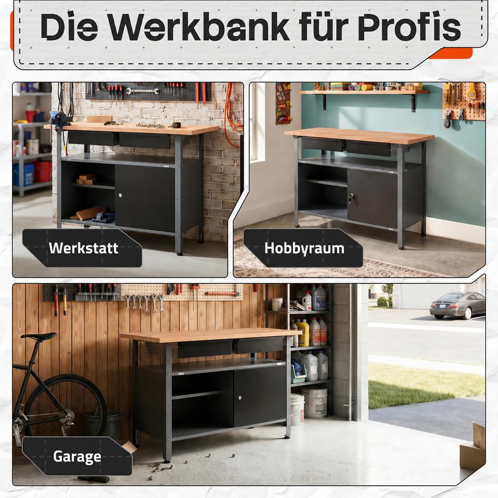 Ondis24 Werkbank Fritz - Höhenverstellbare Werkbank Mit Schubladen, Metall Anthrazit, 120x60x85cm, 28mm Dicke Buchen-Arbeitsplatte, Abschließbare Tür, Belastbar Bis 250kg - Perfekt für Werkstätten