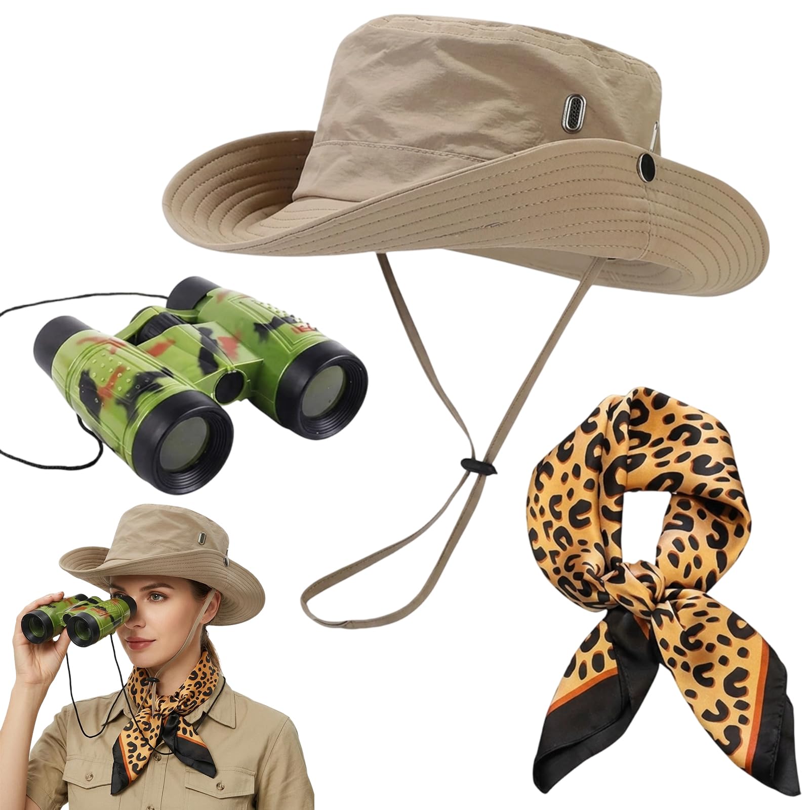 XcnPer Explorer Costume, Safari Costume for Outdoor Adventures, Safari Hat with Binoculars and Leopard Print Scarf, 3-Piece Explorer Accessory Set for Costume Parties and Wildlife Observation