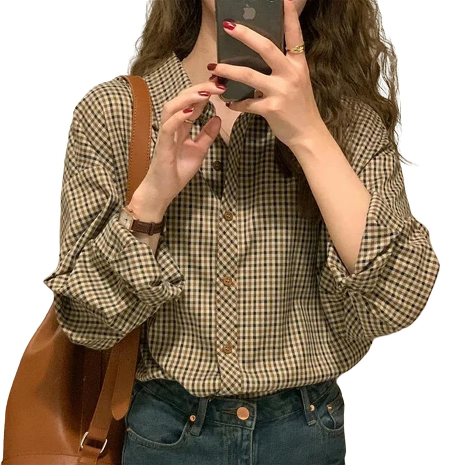 bluzki damskie koszule w kratę damskie retro wywijany kołnierz bluzki zapinane na guziki długi rękaw odzież wierzchnia Femme