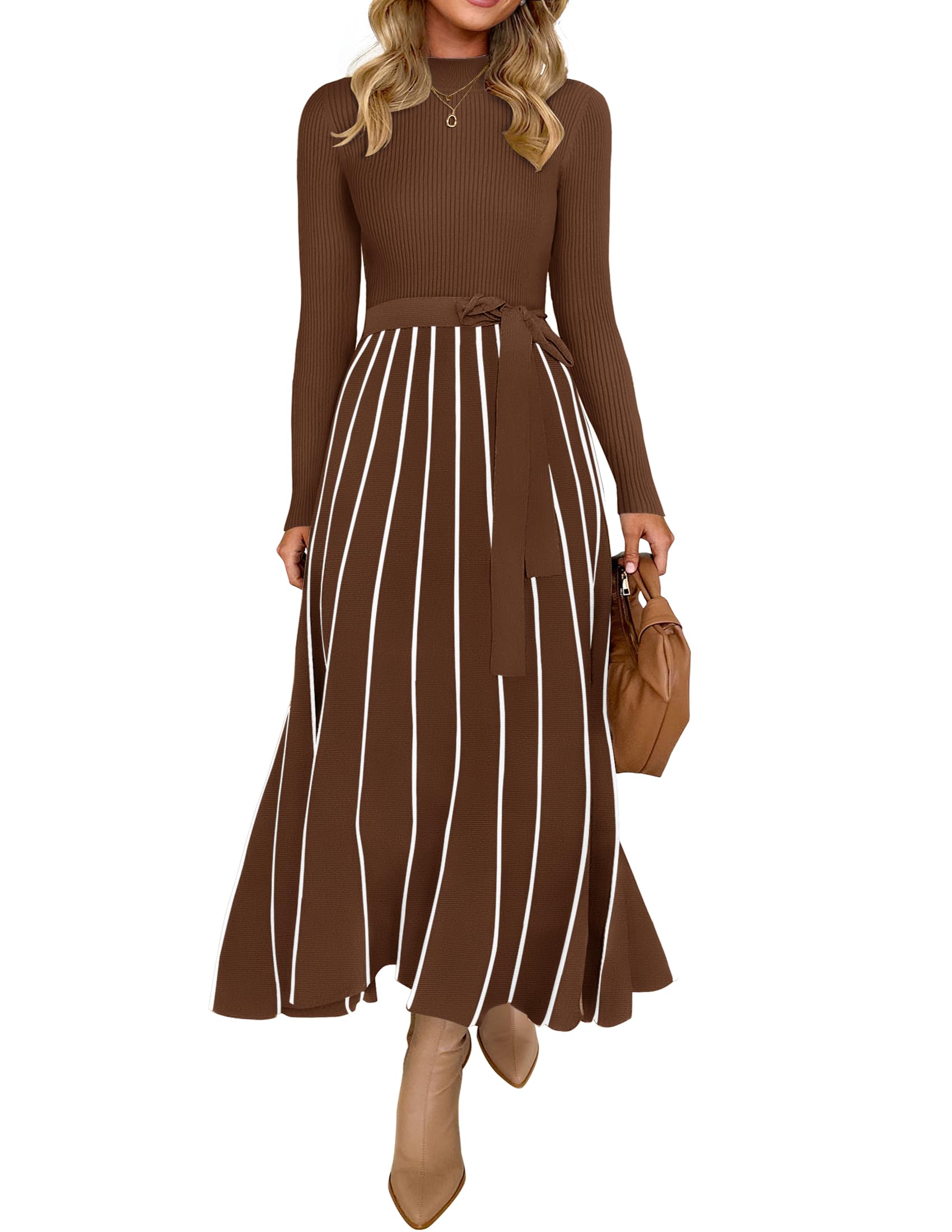 ZESICA Womens 2025 Fall Turtleneck Long Sleeve Sweater Dress Tie Waist Casual Loose Ribbed Knit A Line Midi Dresses, Brown, S