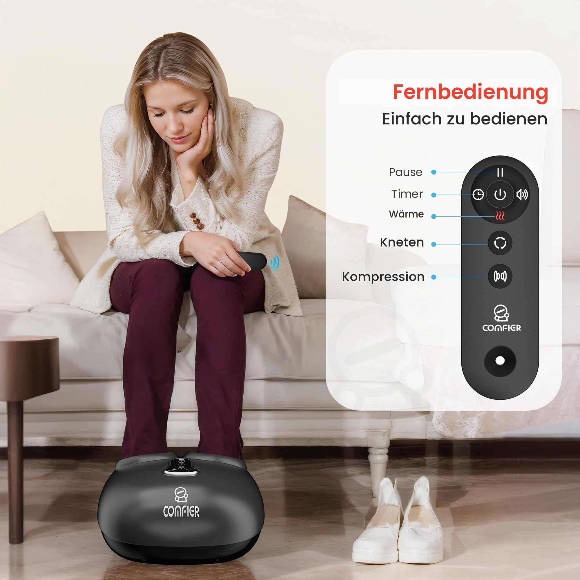 COMFIER Fuß-massagegerät mit Fernbedienung, Pausenfunktion, Fußmassagegerät mit Wärme, Kompression, Vibration, Shiatsu-Fußmassagegerät für Neuropathie, Plantar-Fasziitis, Geschenk für Männer/Frauen