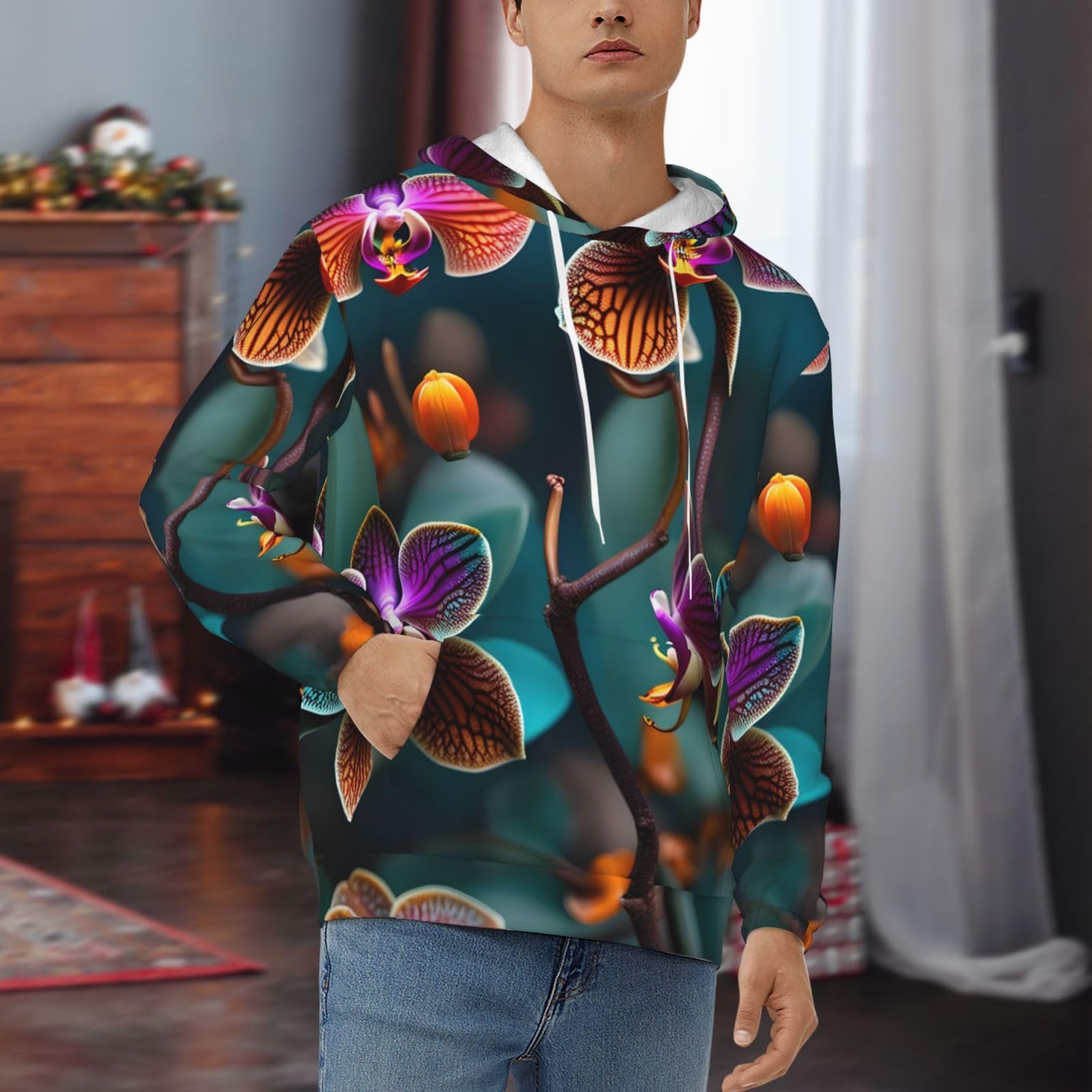 Męska bluza z kapturem z nadrukiem morskiej i pomarańczowej orchidei, casualowa grafika z nadrukiem bluzy z kapturem z kieszenią