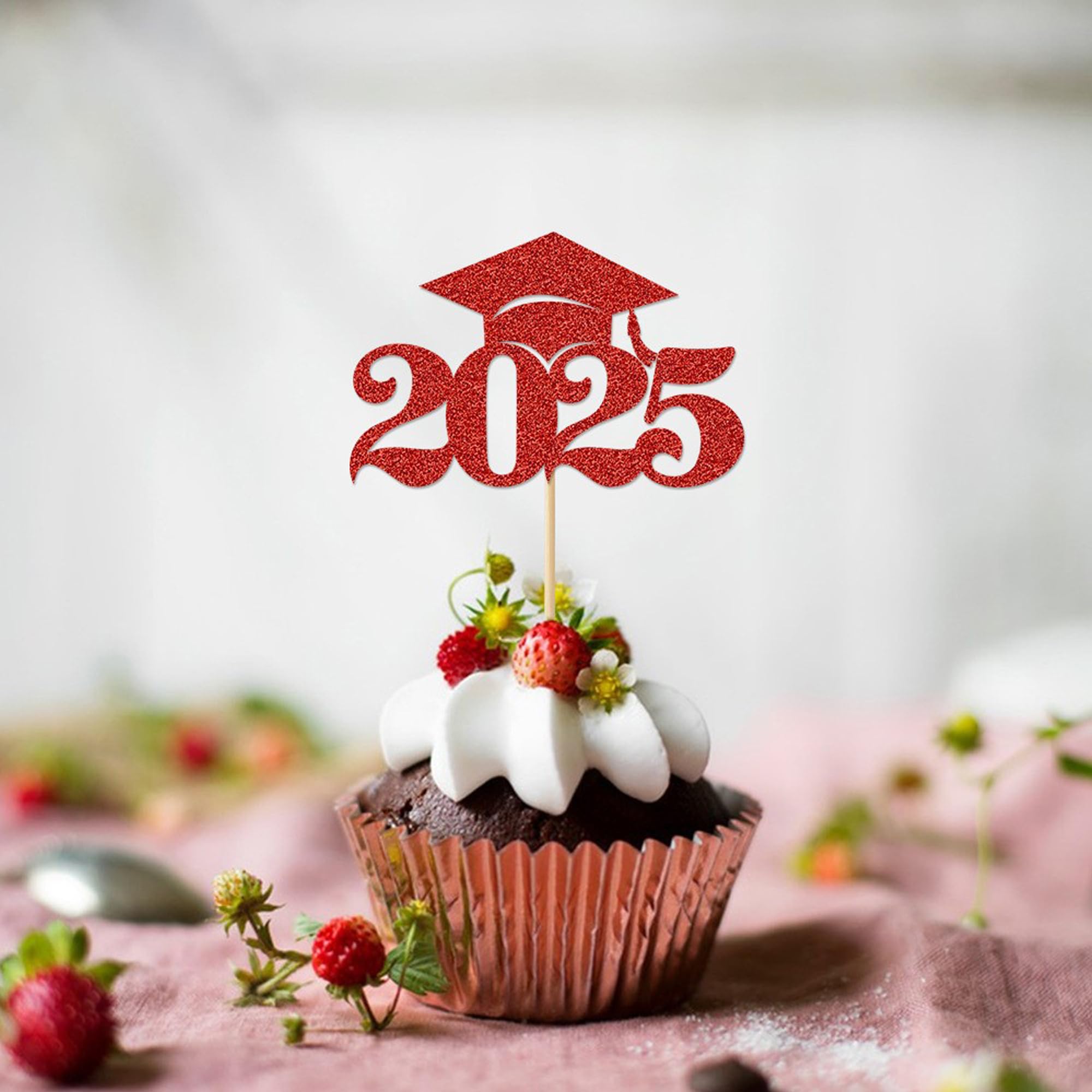 Graduation Decorations 2025-24Pcs Red Glitter 2025 Graduation Cap Cupcake Toppers for Class of 2025 Party Decorations