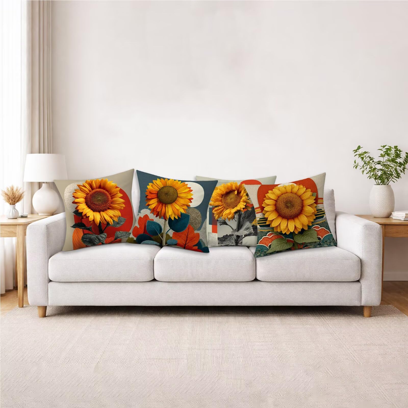 Poszewka na poduszkę ze słonecznikiem, poszewka na poduszkę na sofę 50 x 50 cm, zestaw 4 sztuk, kwadratowa poszewka na poduszkę, miękka poszewka na poduszkę z niewidocznym zamkiem błyskawicznym, na