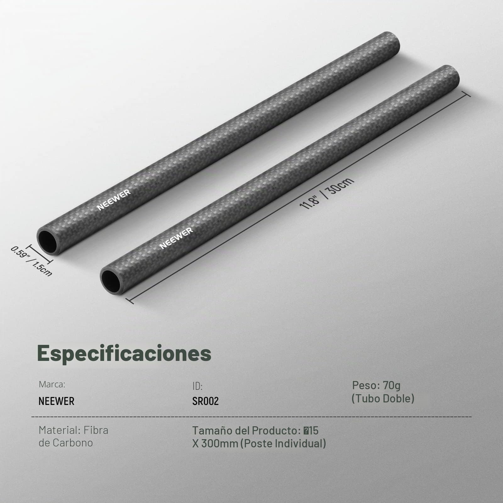 NEEWER 15 mm Varillas de extensión de fibra de carbono Lote de 2,Compatible con SmallRig Compatible con Tilta El sistema de soporte de hombro de 15 mm Rail Follow Focus para DSLR Camera, SR002 (30 cm)