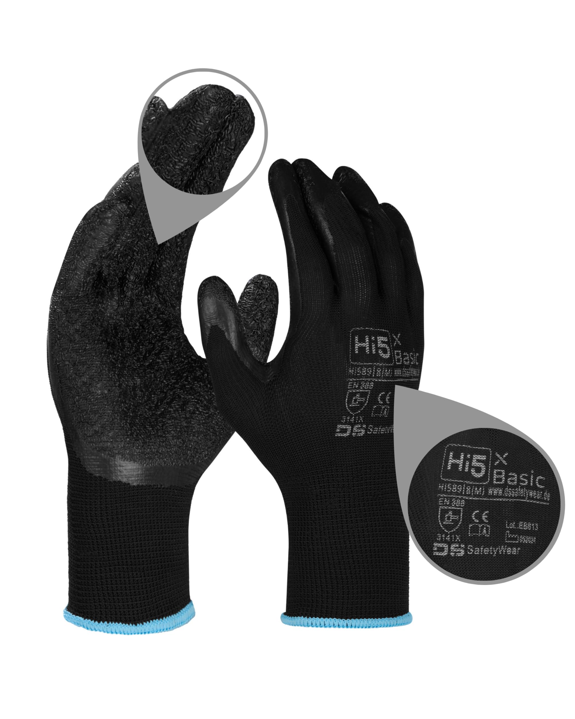 Hi5 X-Basic Arbeitshandschuhe – 10G Polyester – Latex Crinkle Beschichtung – starker Grip & flexibel – EN 388:3141X – schwarz (M, 120, stück)