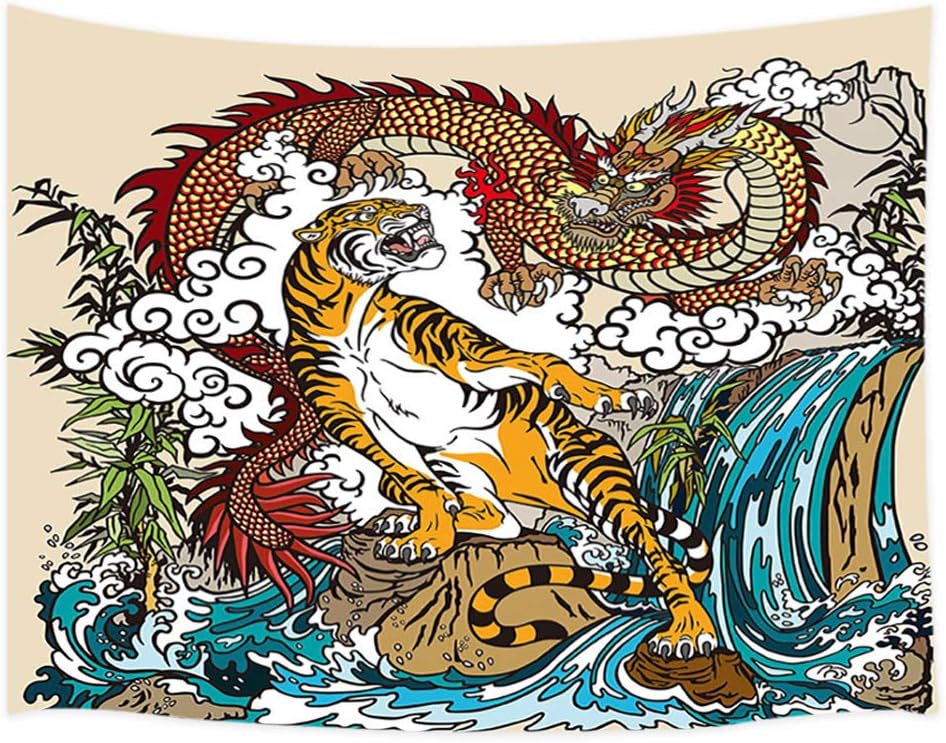 JAWO Asian Tapestry, Chinese Dragon and Tiger in The Landscape with Waterfall Wall Tapestry, Wall Art Hanging for Bedroom Living Room Dorm 71X60Inches
