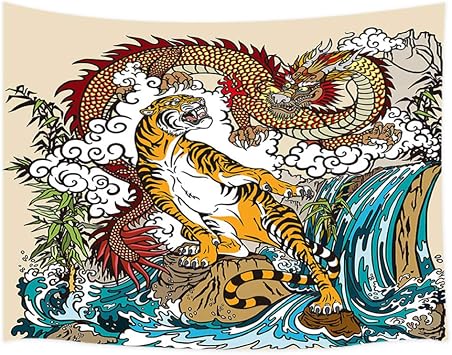 JAWO Asian Tapestry, Chinese Dragon and Tiger in The Landscape with Waterfall Wall Tapestry, Wall Art Hanging for Bedroom Living Room Dorm 71X60Inches