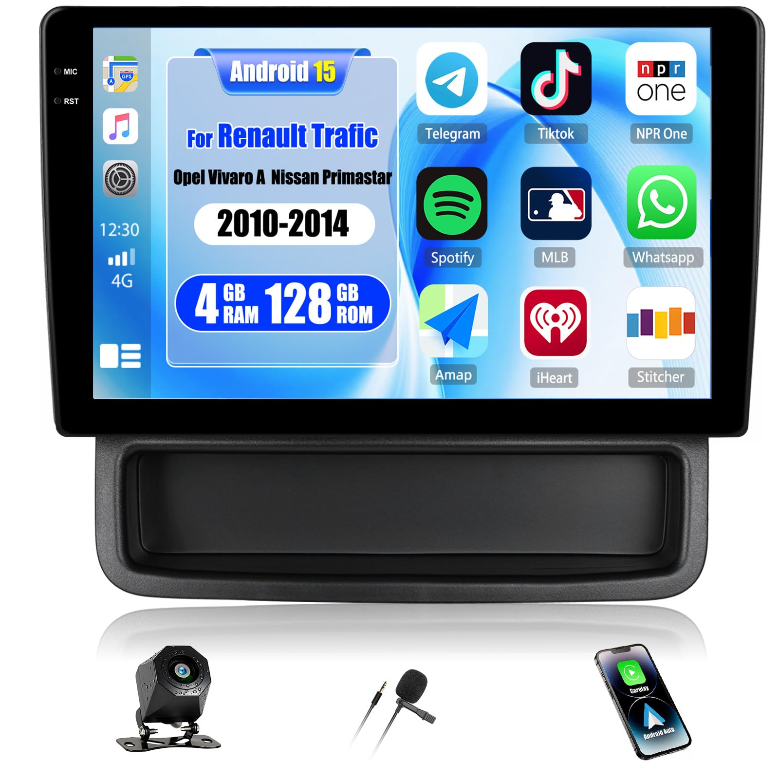 Diagram illustrating Android 15 operating system, 4GB RAM + 128GB ROM, and Incell Touchscreen technology with 1280x720 resolution and 68% light transmittance.