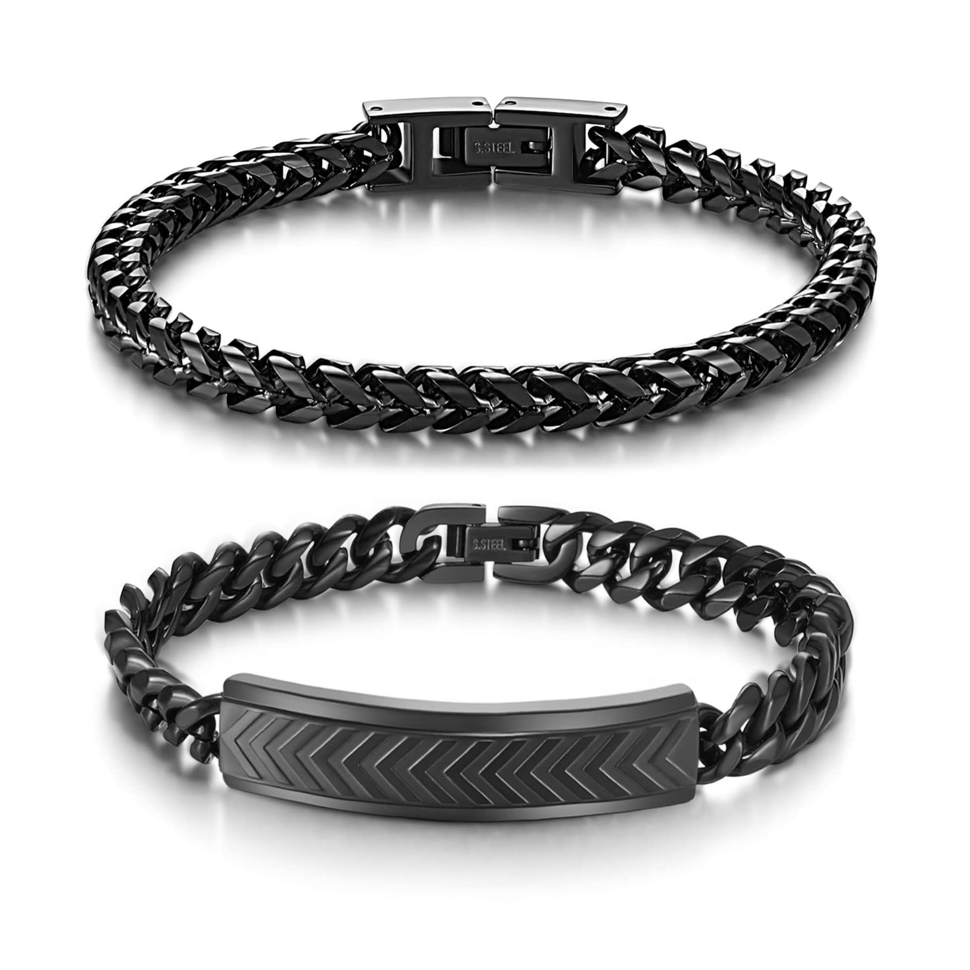 LUCKY2+72PCS Stainless Steel Bracelets for Men: Featuring Fold Over Clasp Franco Chain in BLack& Cuban Chain Mens Bracelet - Perfect Gifts for Dad, Grandpa, Boyfriend, Husband, Son, and Brother