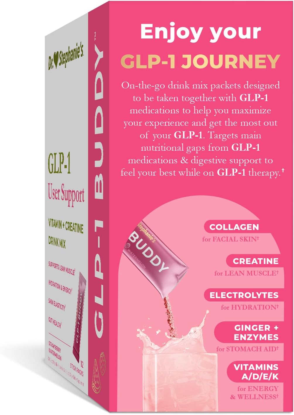 Dr. Stephanie's GLP-1 Buddy Pair with GLP-1 Boosters for Best Results - Digestive Support, Preserve Lean Muscle, Replenish Vitamins - Strawberry Watermelon Drink Mix