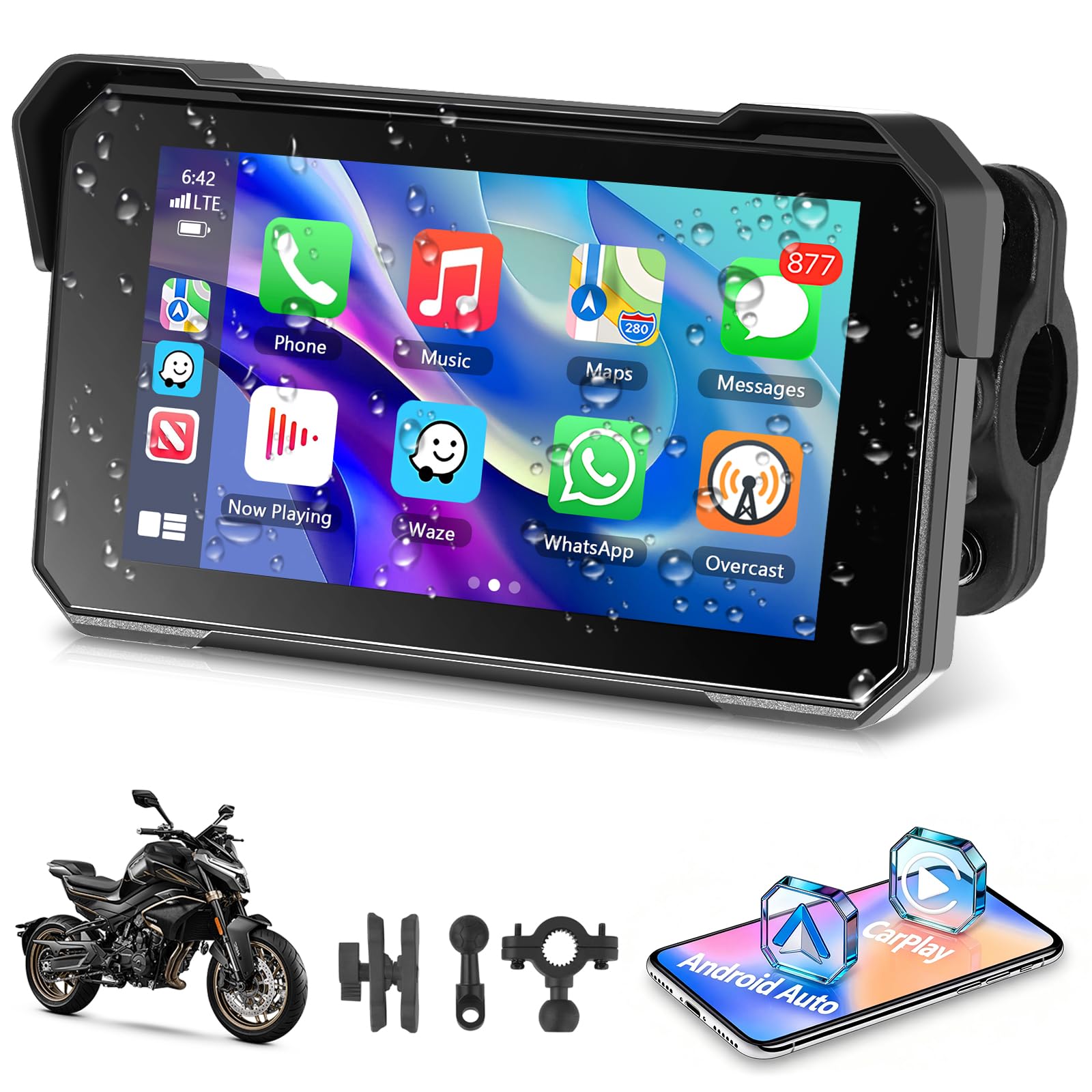 Schermo Carplay per Moto con Senza Fili CarPlay e Android Auto, 5 Pollici Impermeabile Touchscreen, Doppio Bluetooth, Navigazione GPS, Siri/G00gle Assistente, Plug-and-Play