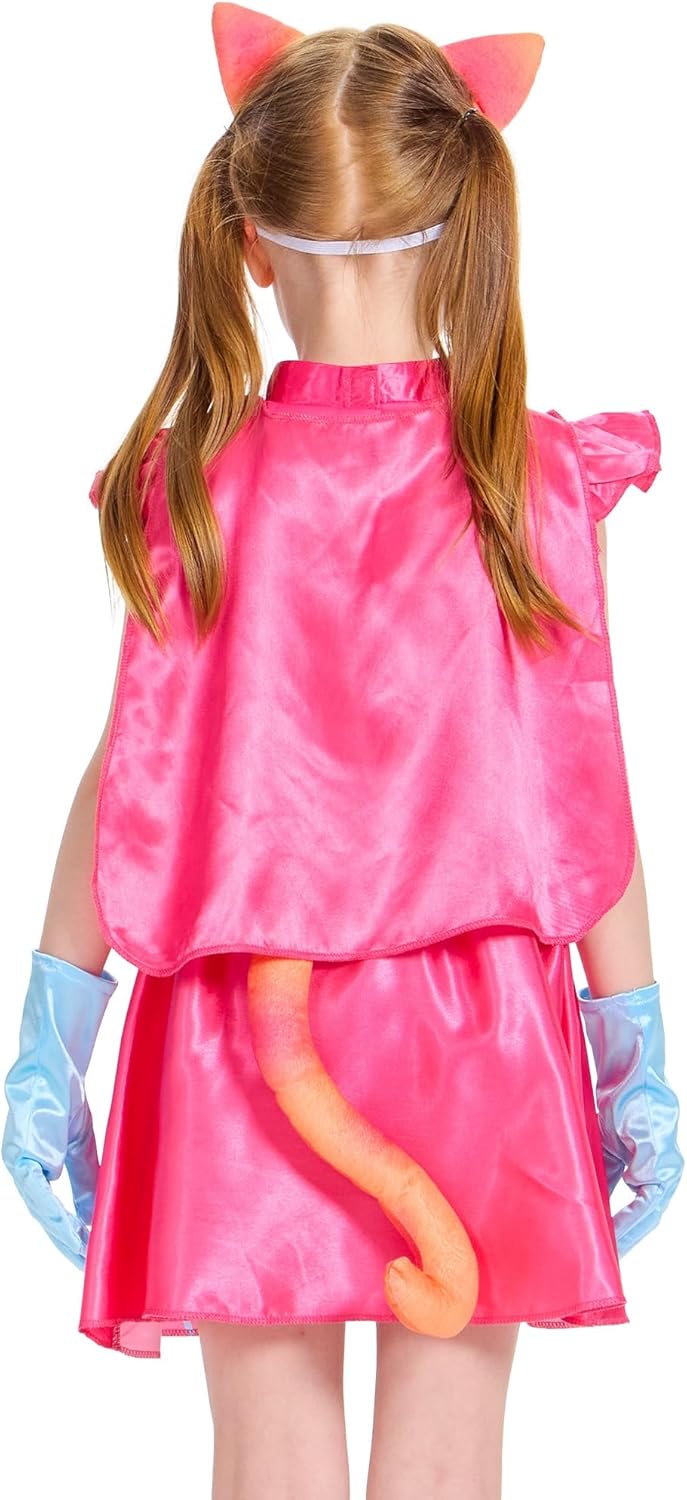 IKALI Pink Kitties Costume for Kids Girls Halloween Superhero Cat Fancy Dress with Cape