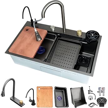 68 x 45 cm Waterfall Kitchen Sink 1 Basin Black Multifunctional Stainless Steel Bar Sink with Extendable Taps Chopping Board Siphon Overflow and Drain Set Complete Accessories Countertop Sink