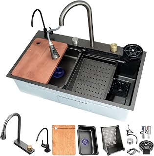 85x45cm Fregadero de Cocina de 1 Cubeta, cascada Fregadero de Acero Inoxidable, con Grifo Cocina Extraible, lavadora de vidrio, sifón, rebosadero y desagüe así como otros accesorios