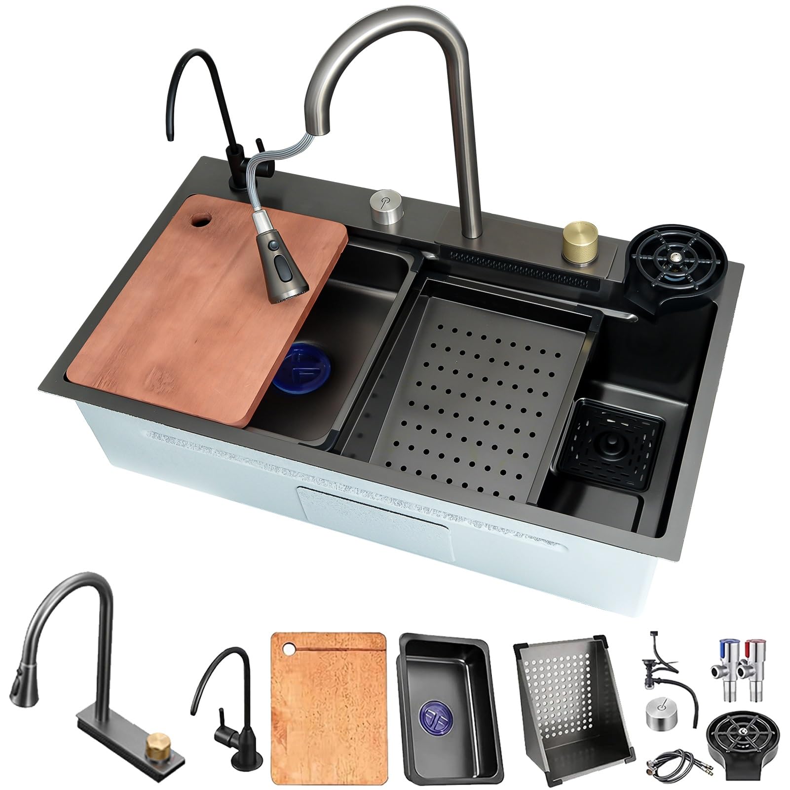 HZKSINNK Kitchen Sink, Black-grey finish Stainless Steel Waterfall Sink, Single Bowl Workstation Sink, Bar High-quality Sink with Pull-Out Faucet, Cutting Board, Siphon, & Drain Set(Black/#a1,68x45cm)