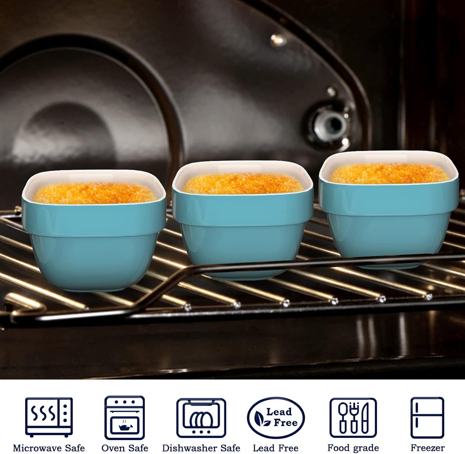 Uten Ramekins Bowls, 4 oz Square Ramekins for Creme Brulee Baking Souffle, Small Porcelain Serving Bowls Oven Safe, Ceramic Bowls for Salad, Dipping, Dessert Dishes, Soup, Set of 6, Blue