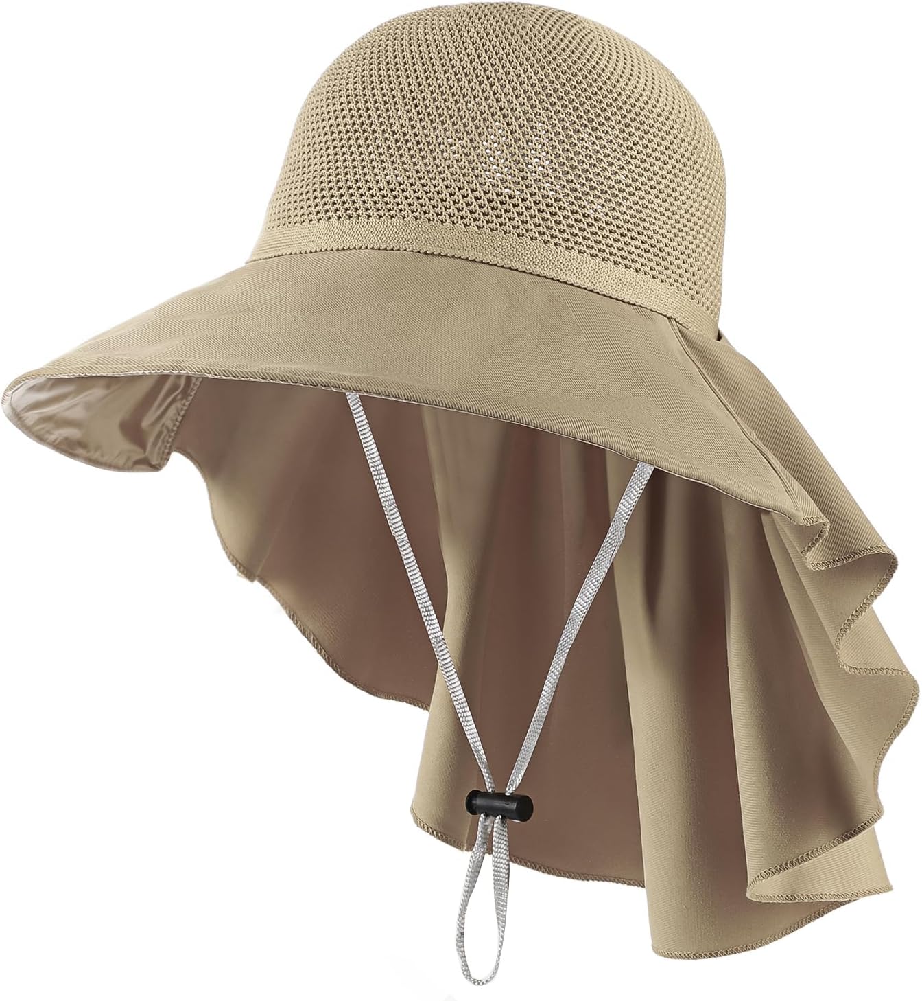 Women Mesh Sun Hat Neck Flap Summer Beach Hat Wide Brim Bucket with Chin Strap Foldable Outdoor Sun Protection Bow Fedora