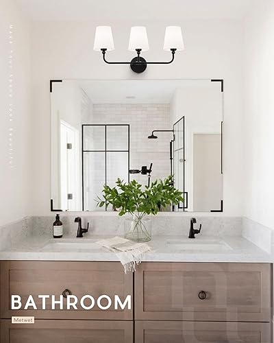 Miniatura 7 de VL837-MB-3 - Lámparas de tocador de baño, color negro mate con pantalla de tela blanca acampanada, apliques de pared modernos para pasillo y