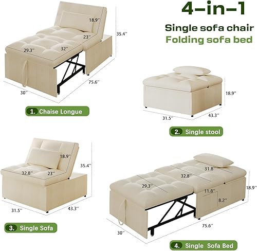 Miniatura 2 de Sofá cama convertible 4 en 1 con respaldo ajustable, sofá cama futón con bolsillo lateral, sofá cama extraíble para sala de estar, espacio pequeño,