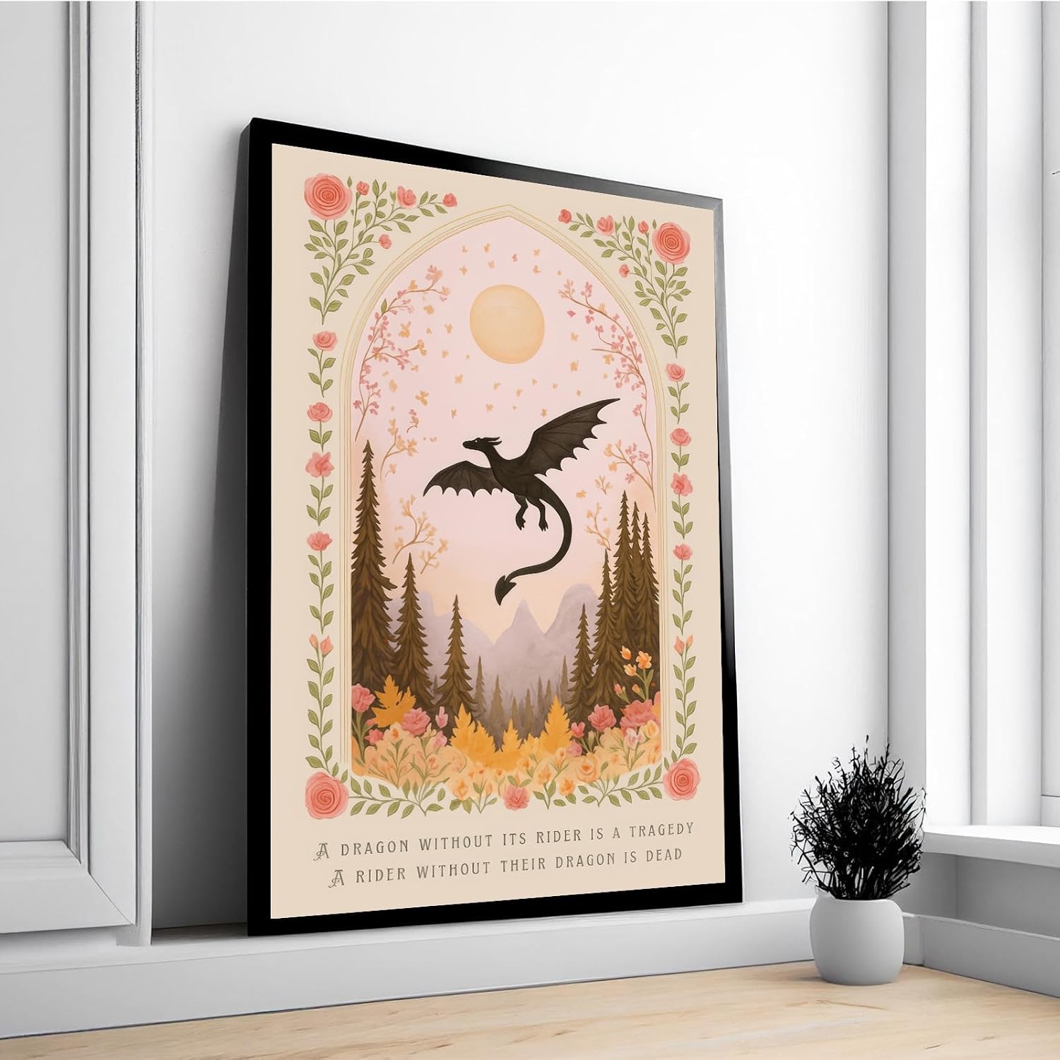 Dragon Without Its Rider Print, Floral Fall Dragon Poster, Fantasy Bookish Art, Girly Wall Art Boho Celestial Mystical Astrology Prints Unframed 16x24 Inch Canvas Wall Decor for Bedroom Living Room image 4