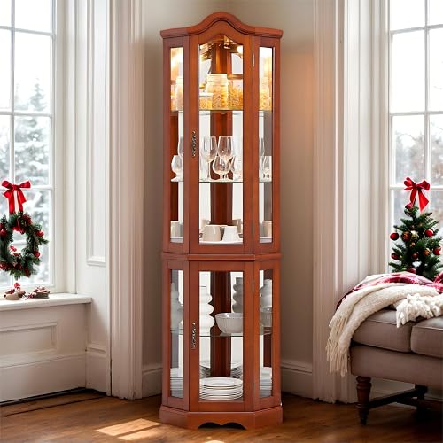70.5" H Lighted Glass Display Case, Corner Curio Cabinet with Adjustable Tempered Glass Shelves, Wine Cabinet Rack for Bar and Liquor Storage (E26 Bulb Not Inclued) (Walnut)