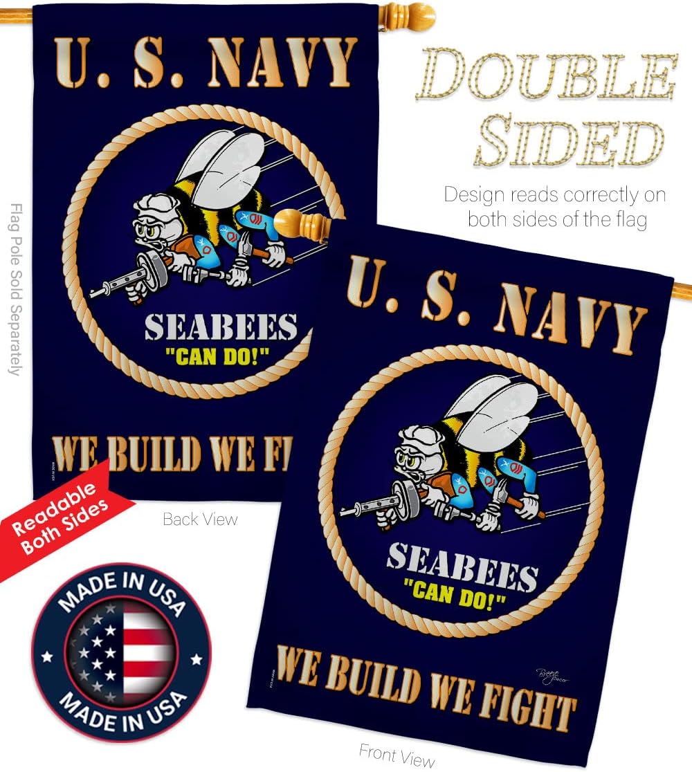 Breeze Decor Sea Bees House Flag - Armed Forces Navy USN Seabee United State American Military Veteran Retire Official - Decoration Banner Small Garden Yard Gift Double-Sided Made in USA 28 X 40