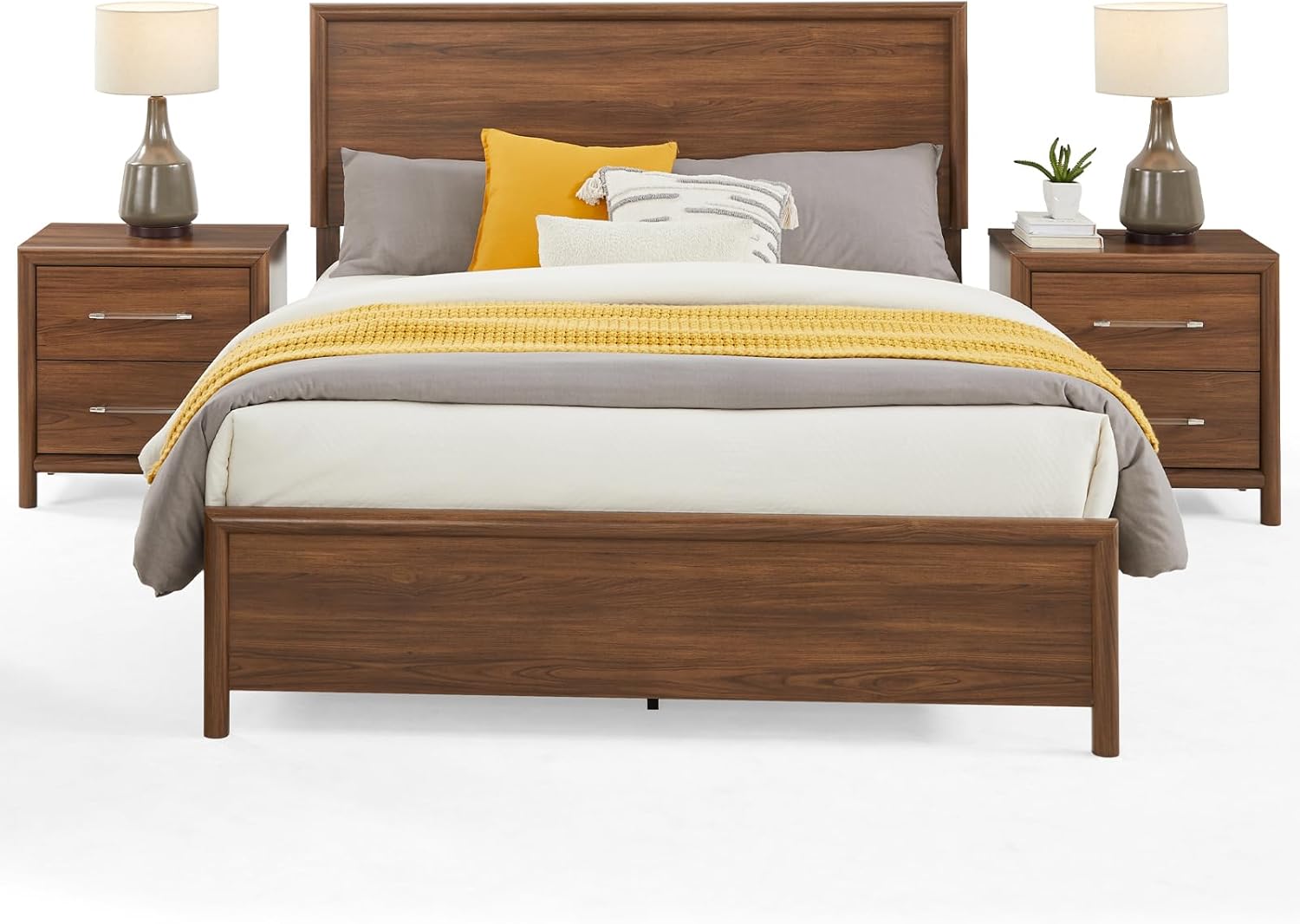 Bed Frame and Nightstand Set, Queen Wood Bed Frame with Headboard and 2 2-Drawer Nightstands, 3 Pieces Mid-Century Modern Bedroom Furniture Set, Brown Cherry