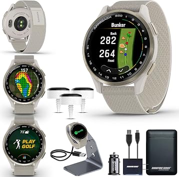 Garmin Approach S50 Golf GPS Smartwatch with Approach CT10 Starter Kit | AMOLED Display | On-Course Features with 3 Sensor Club Tracking and Signature Series Power Bundle | Cream Gold with Ivory Band