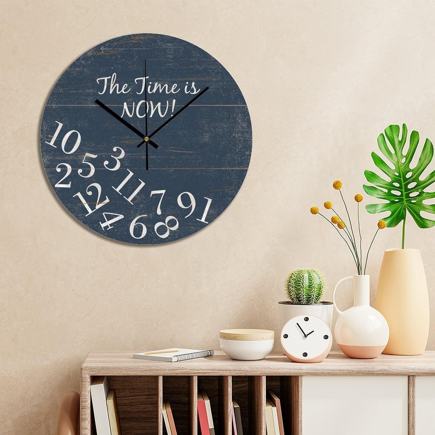Wall Clock Silent Non Ticking Wooden Clocks The Time is Now Clock Battery Operated 15in, Round Farmhouse Clock, Rustic Clocks Decor for Home Kitchen Office