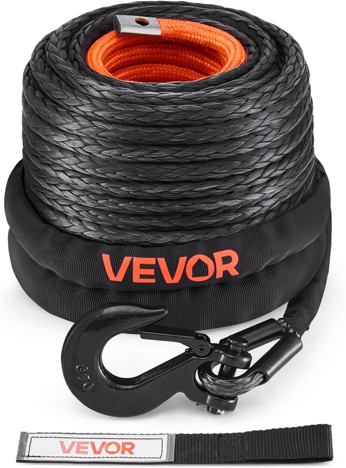 Synthetic Winch Rope, 3/8 Inch x 100 Feet 26,500 lbs Synthetic Winch Line Cable Rope with Protective Sleeve + Forged Winch Hook + Pull Strap, Universal Fit for SUV, Large Off-Road Vehicle, Truck