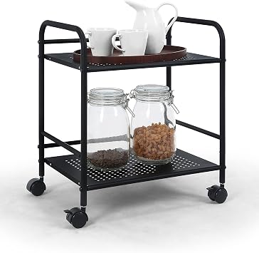 SunnyPoint 2-Tier Metal Rolling Utility Cart Mobile Storage Shelf with Caster Wheels Small Space Organizer for Home, Office, Bedroom, Kitchen BLK
