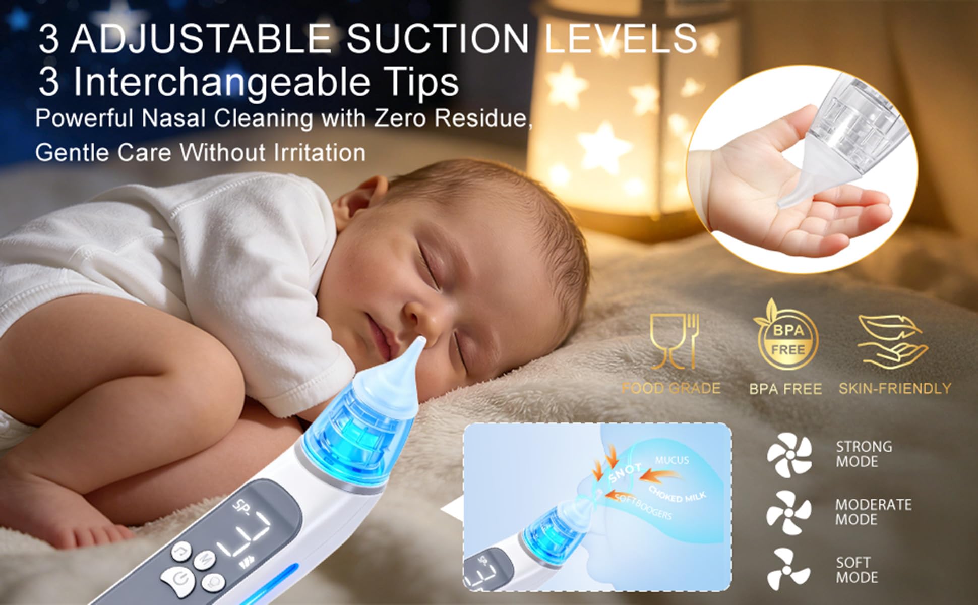 Aspirador nasal eléctrico para bebé, ventosa de nariz impermeable para niños pequeños, limpiador de nariz con 3 puntas de silicona, 3 niveles de succión ajustables, ventosa de bebé con