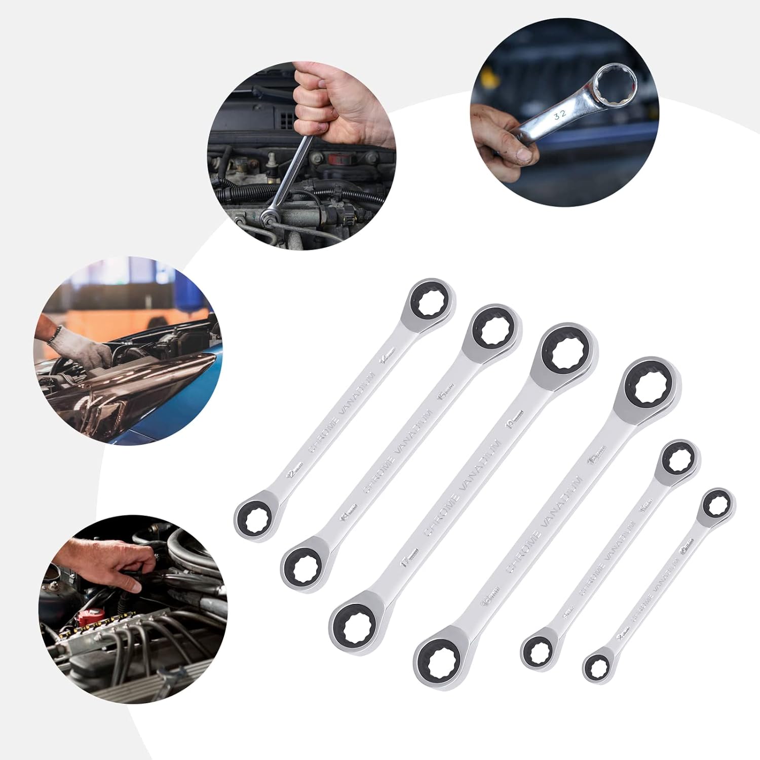 Ratchet Wrench Silver Ratcheting Wrench Set Double Box End Ratcheting Wrenches 8-19mm for Nuts 6 Pcs