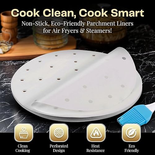 Miniatura 2 de Flexzion Papel pergamino perforado de 7.5 pulgadas para forros de freidora de aire, redondo, sin blanquear, 200 hojas de 3.5 y 3.7 cuartos de galón,