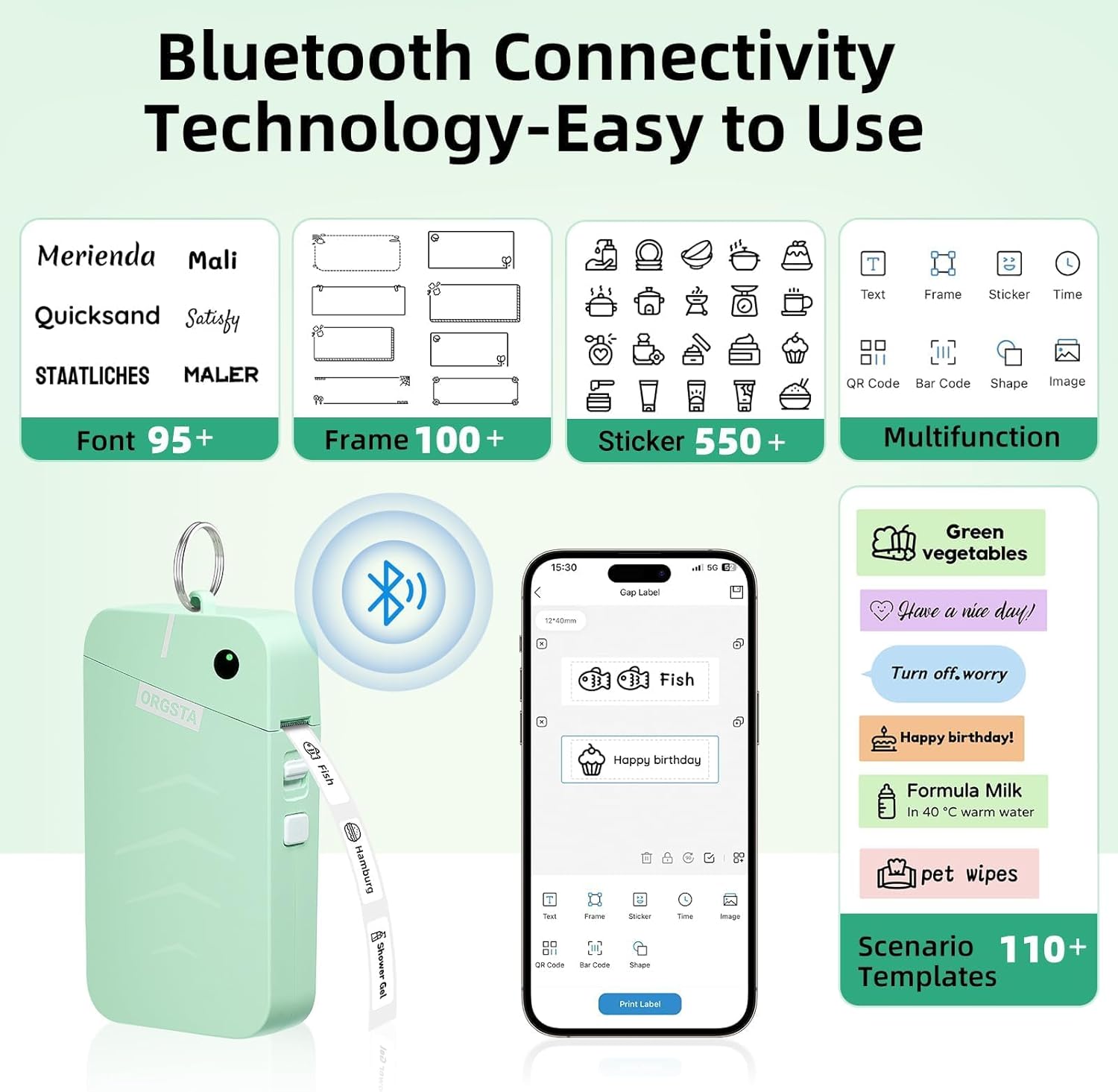 ORGSTA S001 Label Maker Machine with Tape, Portable Bluetooth Label Maker for Home and Office Organization, Thermal Label Printer Mini Sticker Maker with Multiple Templates, Green - Image 2