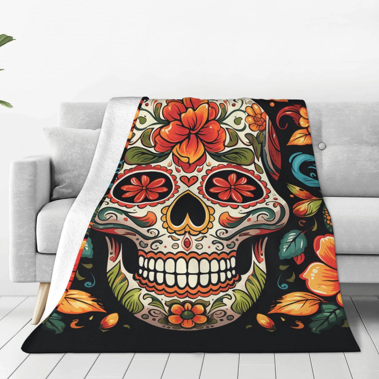 Colorful Sugar Skull Throw Blanket for Couch, Plush Fuzzy Soft Flannel Blankets and Throws for Sofa, 60"x50" Bed Blankets for Travel Camping Chair, All Season Warm Fleece Blanket