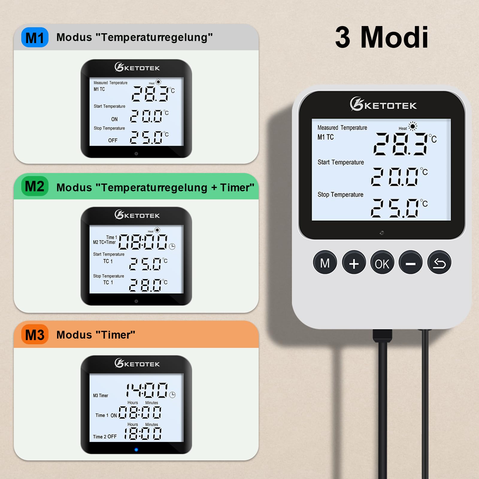 KETOTEK Digitaler Steckdosenthermostat mit Zeitschaltuhr 230V, Thermostat Steckdose mit Tag & Nacht Temperaturregler und 3m Fühler, Heiz- und Kühlfunktion für Terrarium Reptilien Gewächshaus