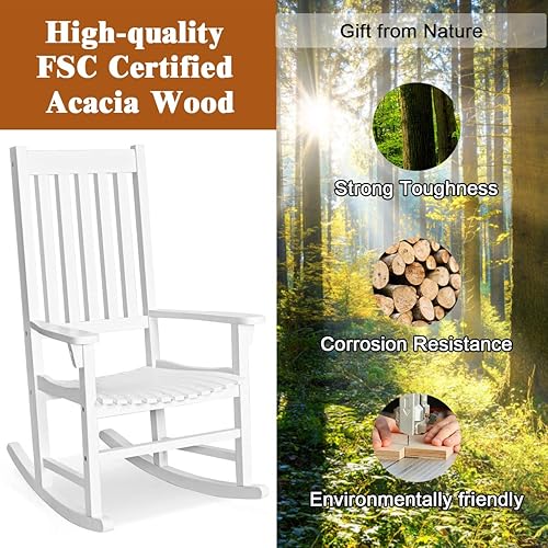 Miniatura 7 de Tangkula Mecedora de madera de acacia, mecedora de madera con respaldo alto y reposabrazos para uso en interiores y exteriores, mecedora de patio