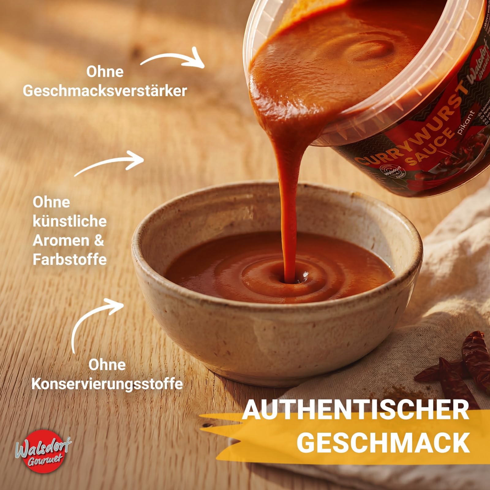 Walsdorf Gourmet Currywurst Sauce pikant - 3 x 500 g Schale - Currysauce mit milder Schärfe & Tomatenmark - Ohne Geschmacksverstärker & künstliche Zusätze - Vegan - Manufakturqualität vom Niederrhein