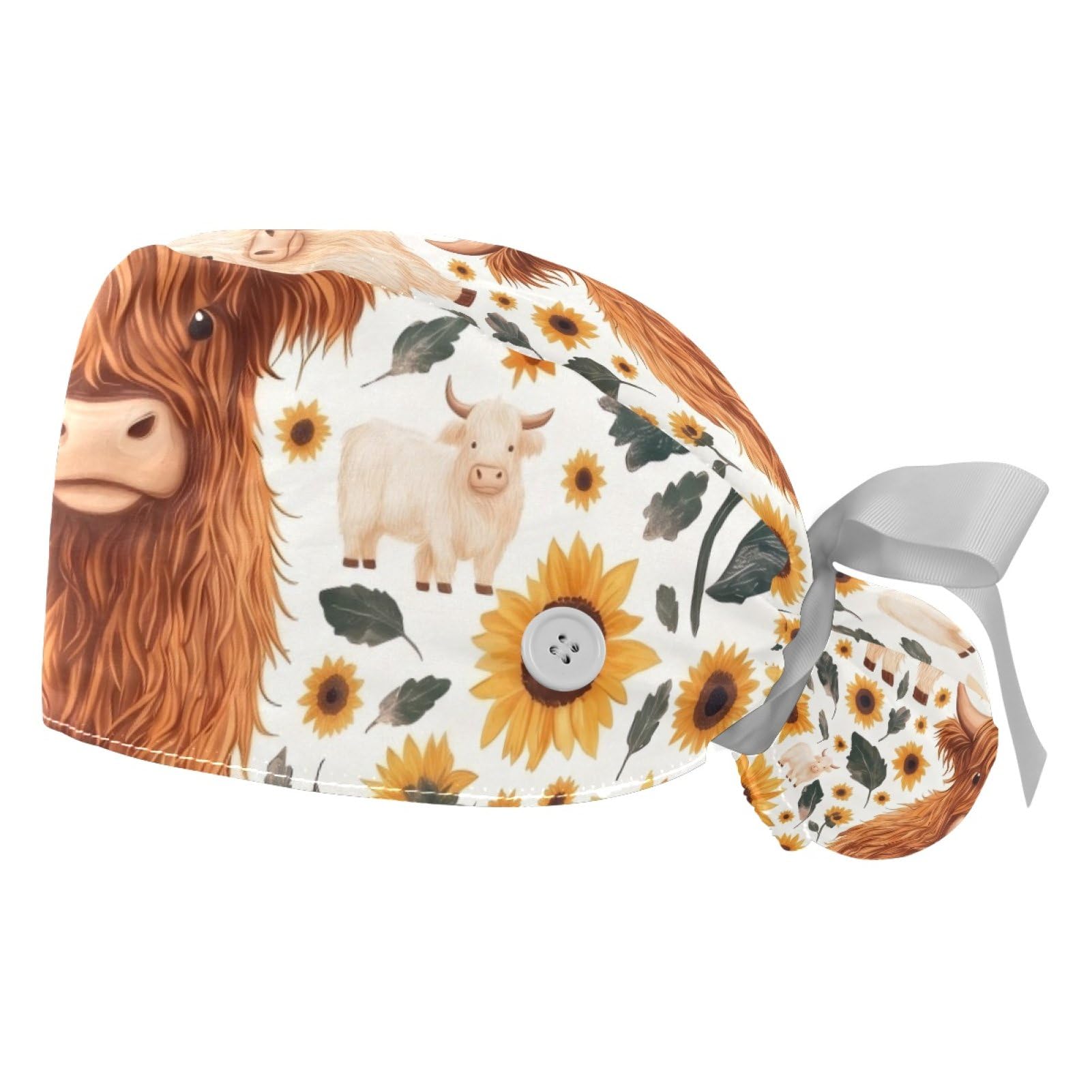 2 PCS Bouffant Cap with Button Ponytail Pouch Working Cap Sweatband Adjustable Surgical Cap Black and White Cow