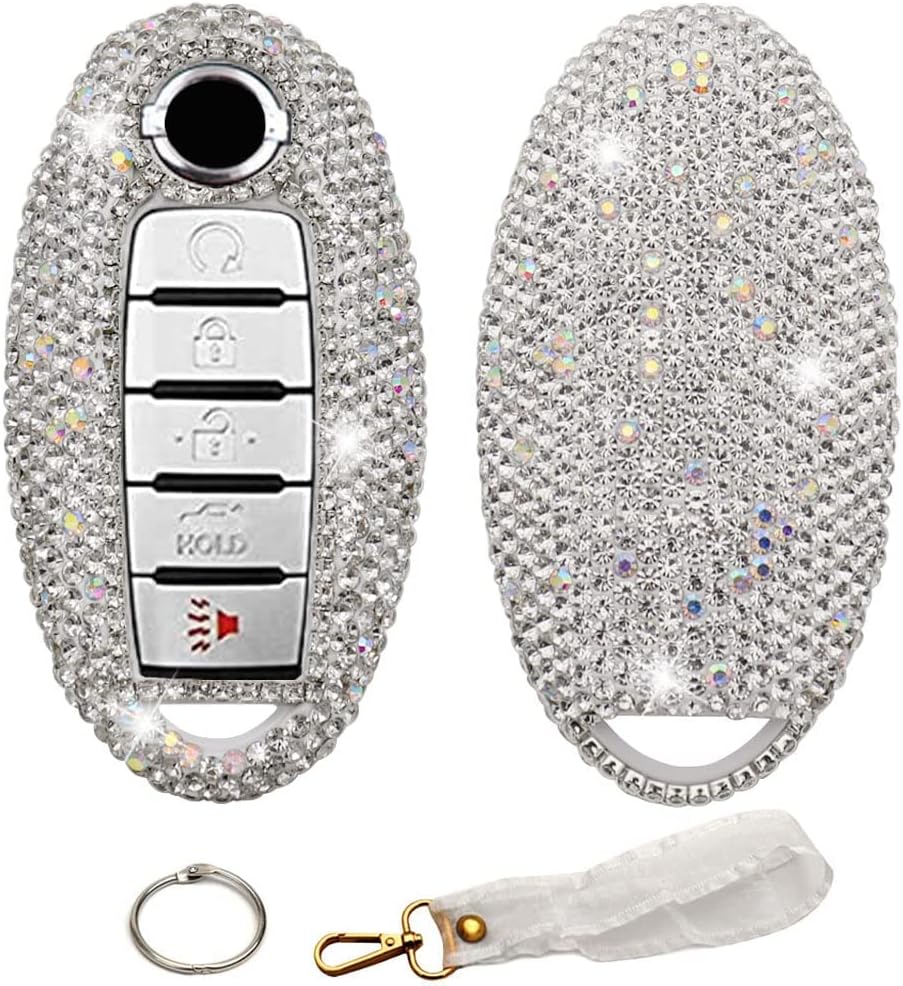 Ornater Handmade Bling Crystal Diamond Key Fob Cover Compatible with Infiniti and Nissan Altima Maxima Sedan Pathfinder,Unisex Adult (Silver), Full-size