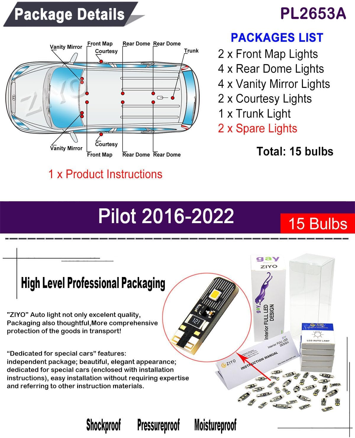 LED Interior Light Kit for Honda Pilot 2016-2022 Dome Light Bulbs Replacement Package, 6000K Xenon White LED Lights Accessories Upgrade (15 Bulbs) image 2