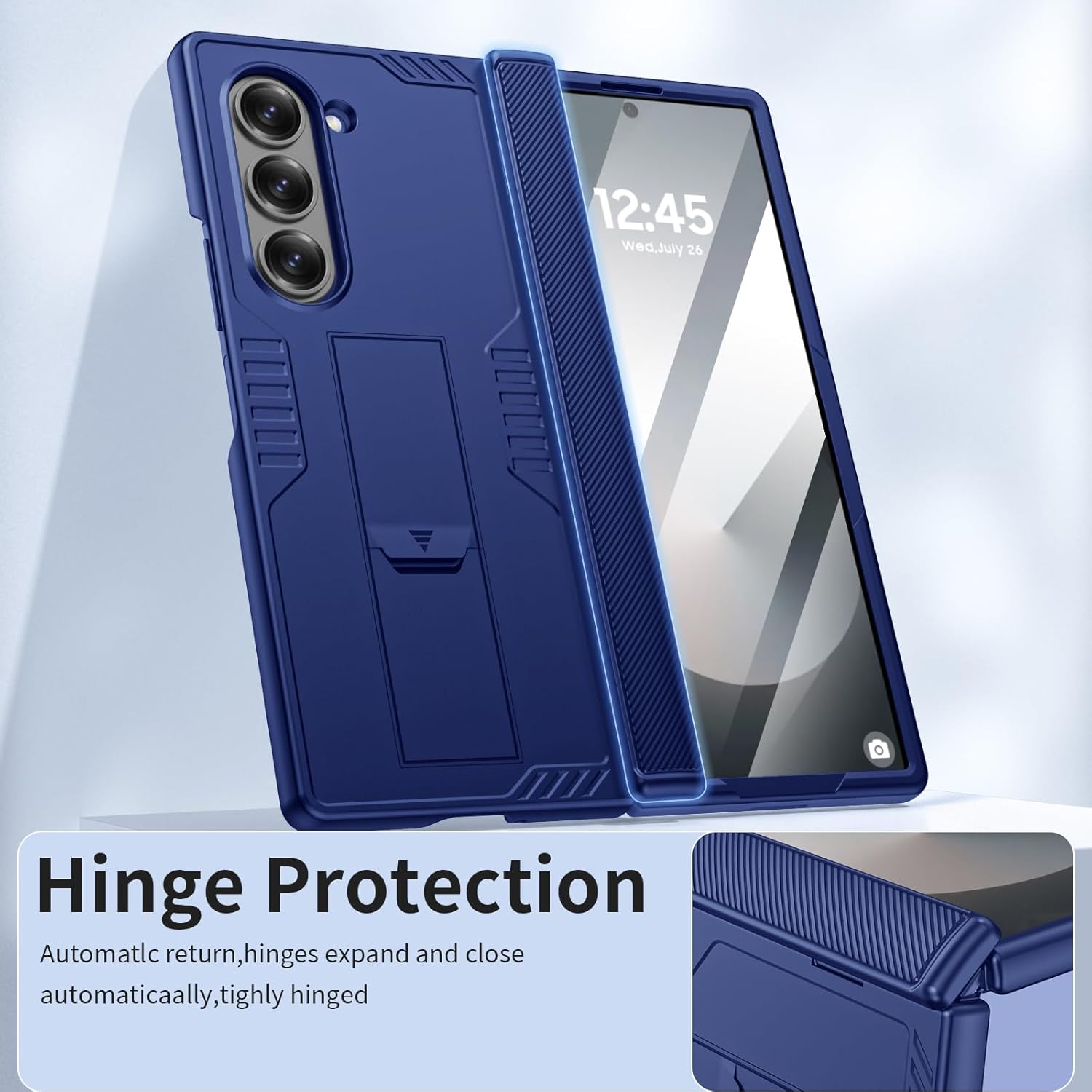 for Samsung Galaxy Z Fold 6 Case & Stand, [Hinge Protection & Built-in Tempered Screen Protector] Full Body Heavy Duty Shockproof Slim Wireless Charging Case for Galaxy Z Fold 6 (Blue)