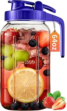 64oz Glass Pitcher with Lid & Spout 2 Quart Mason Jars, Airtight & Leakproof Breastmilk Pitcher for Cold Brew Coffee, Sun Tea, Water, Juice Wide Mouth, Fridge Safe