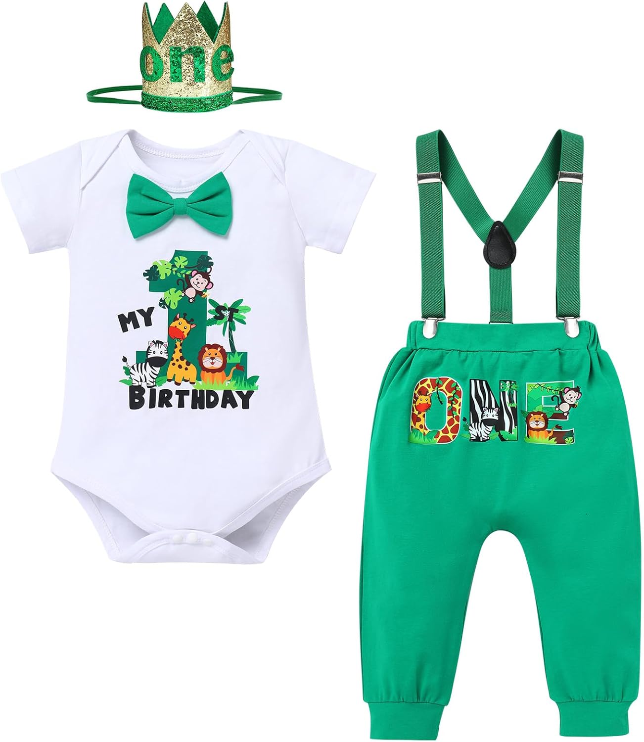 ODASDO Baby Boy Dinosaur Jungle Theme 1st Birthday Cake Smash Outfit Romper + Pants + Suspenders + Headband 4pcs Set